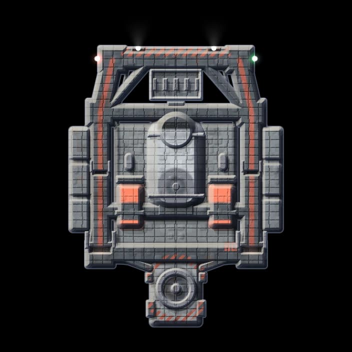 The Ordinal in its berth, fitted out. Excavator. Two laser mounts, plating.