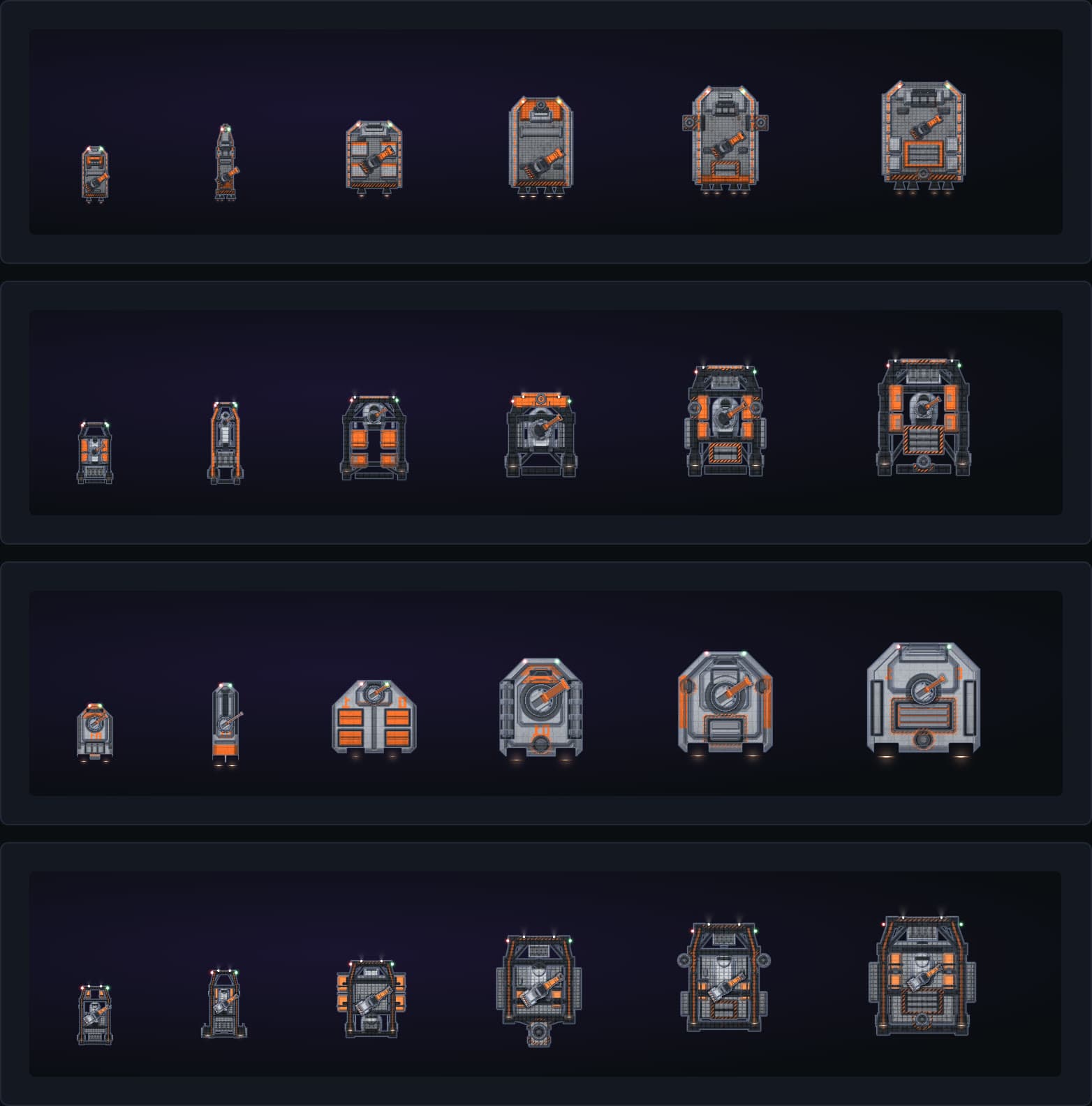 The four design languages, one per row, each showing its six hulls at their true relative sizes