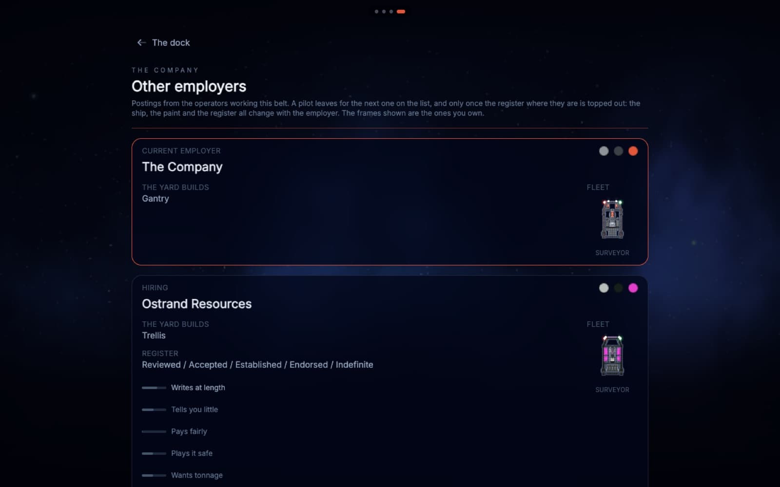 A list of rival operators hiring, each with their own ships and their own ladder