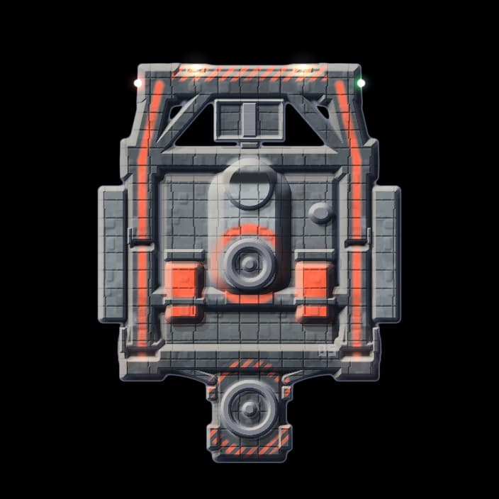 The Ordinal in its berth, fitted out. Excavator. Two laser mounts, plating.