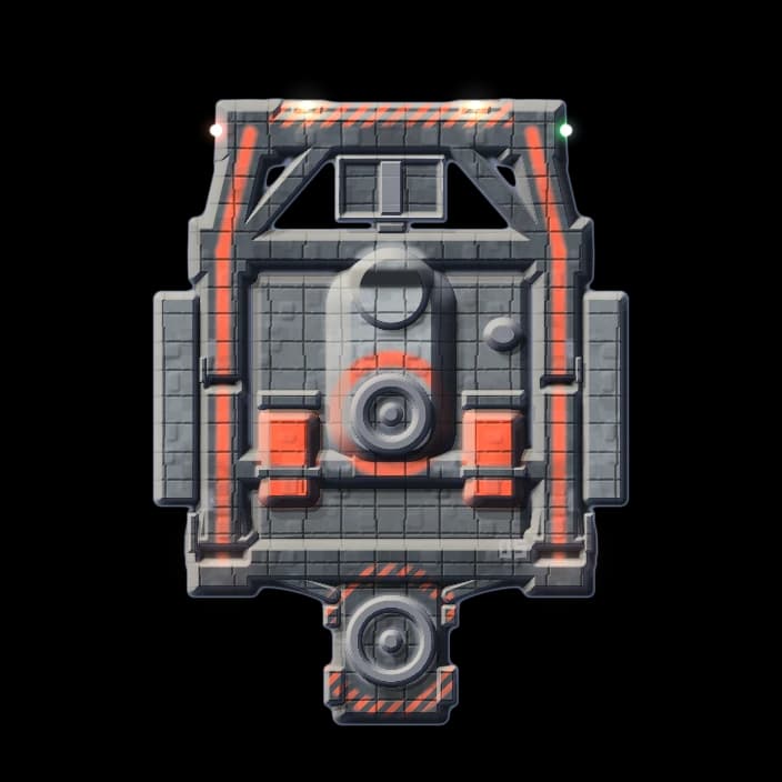 The Ordinal in its berth, fitted out. Excavator. Two laser mounts, plating.