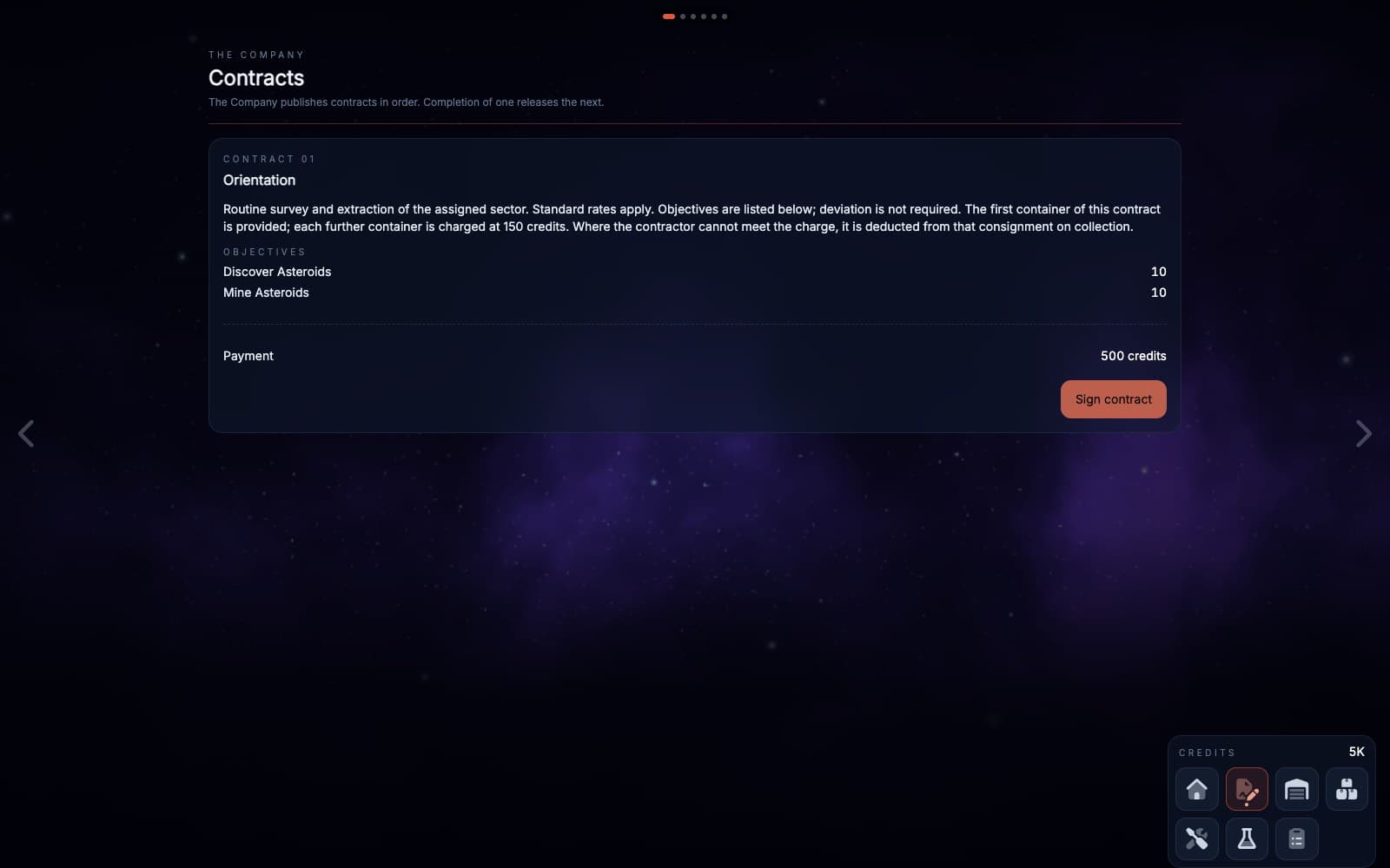 The contract board with the first contract, Orientation: the brief, ten asteroids to find and ten to mine, and what it pays