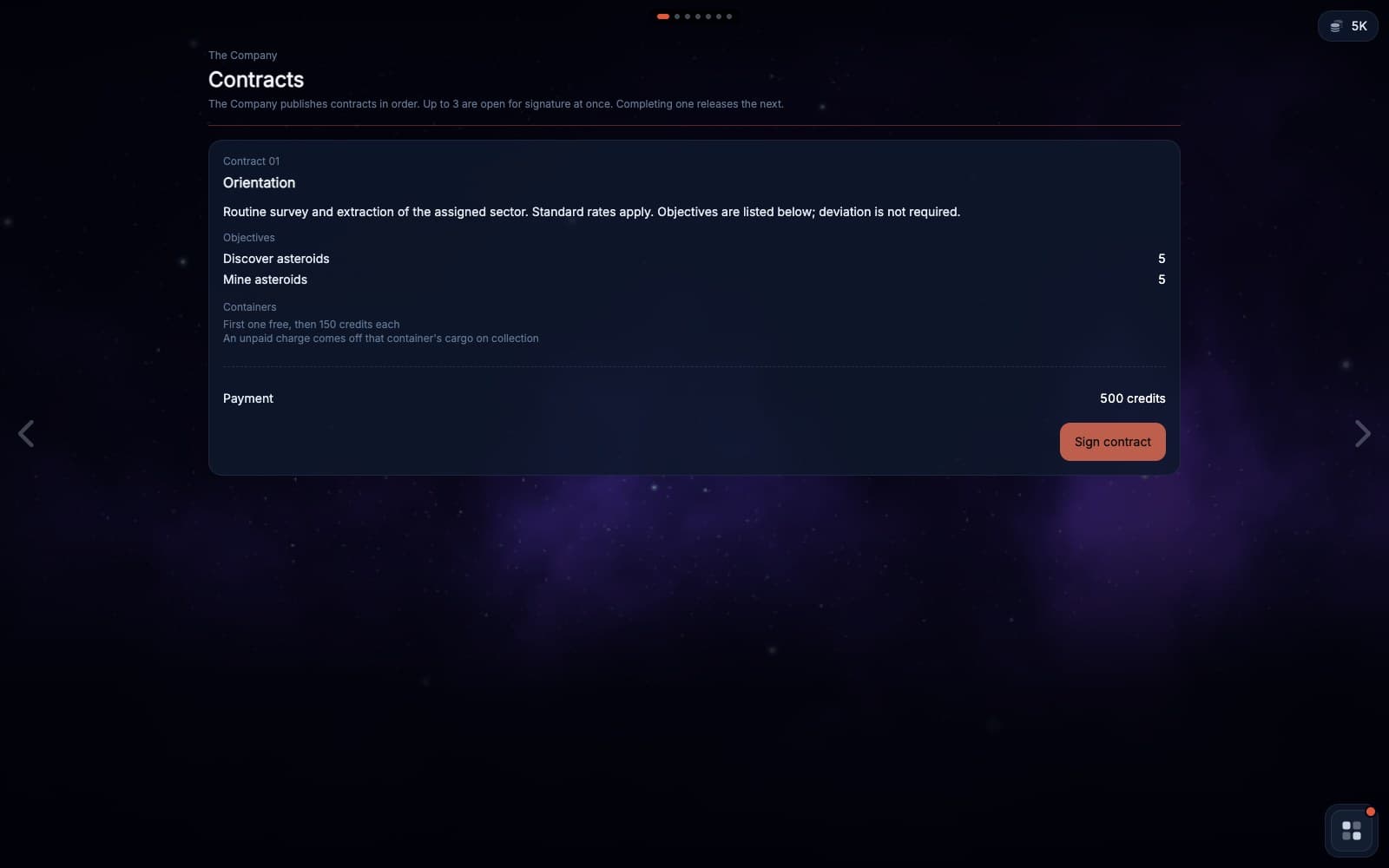 The contract board with the first contract, Orientation: the brief, five asteroids to find and five to mine, and what it pays
