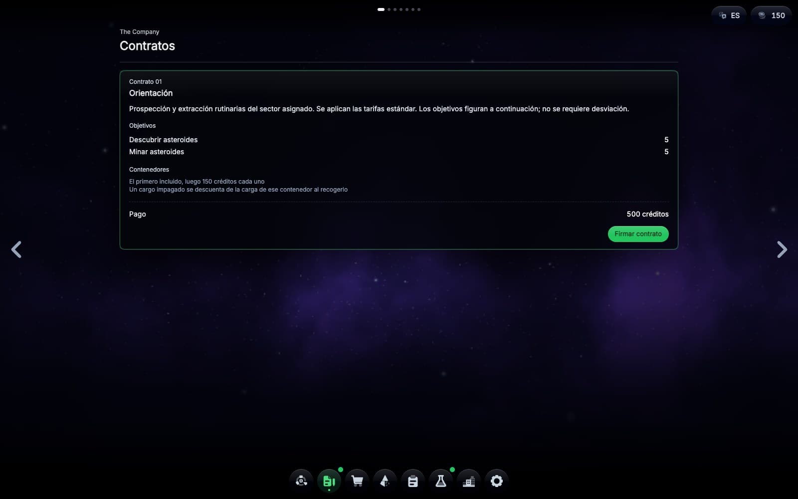 El tablón de contratos con el primero, Orientation: el encargo, cinco asteroides que encontrar y cinco que minar, y lo que paga