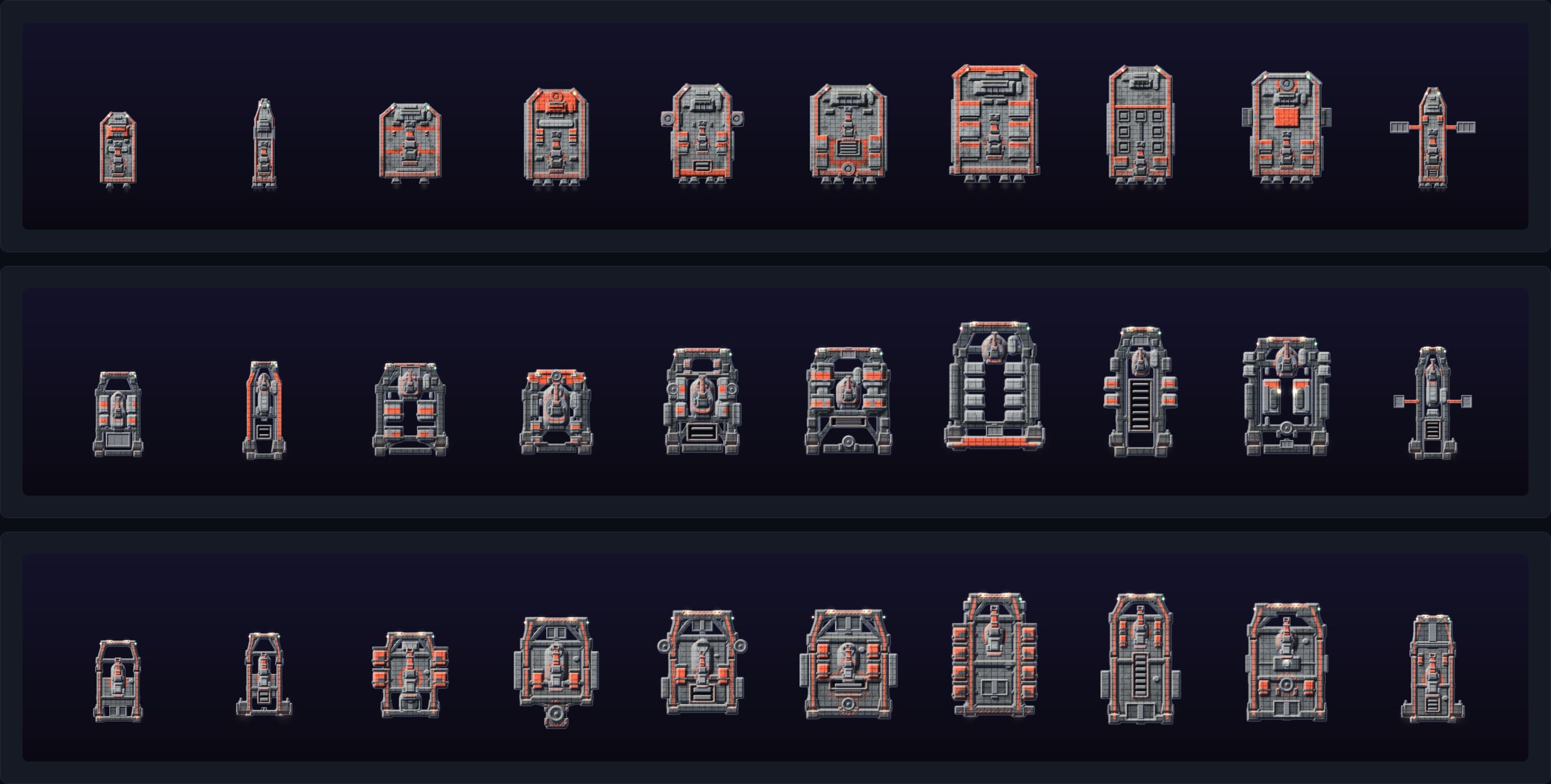 The three design languages, one per row, each showing its hulls at their true relative sizes