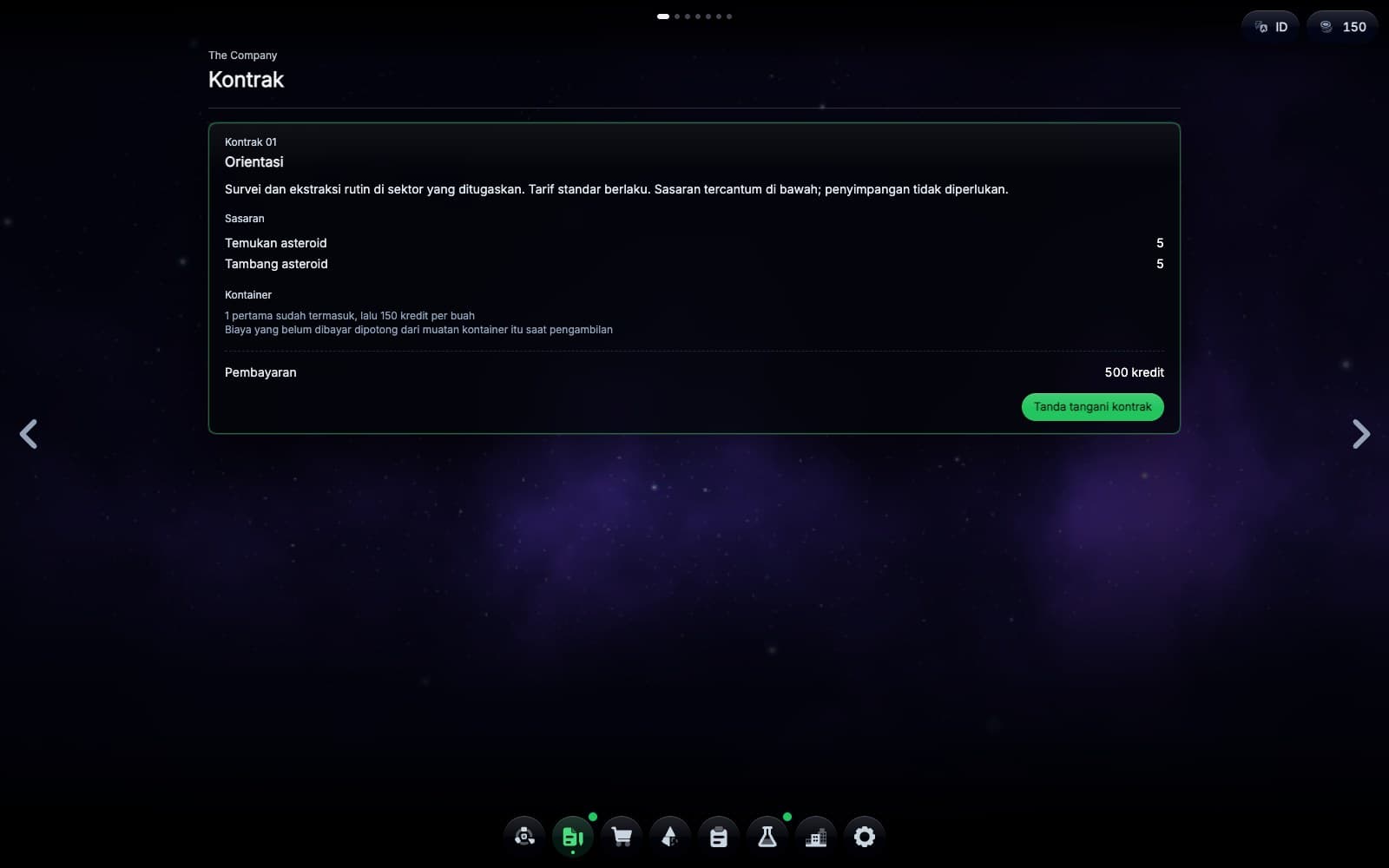 Papan kontrak dengan kontrak pertama, Orientation: briefing, lima asteroid untuk ditemukan dan lima untuk ditambang, dan bayarannya