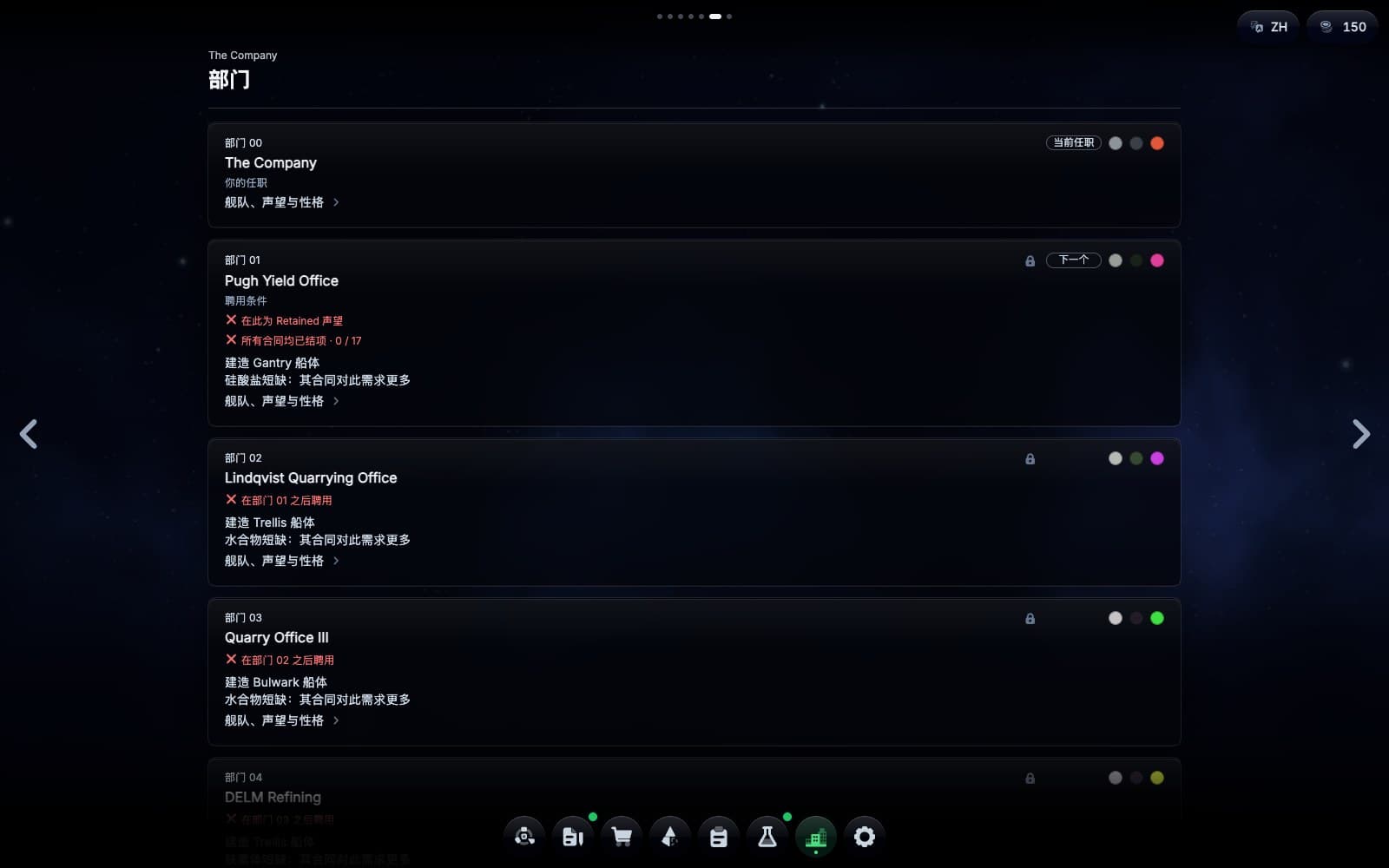 在这片小行星带工作的 The Company 其他部门,各有自己的颜色,以及每个部门在调任前的要求