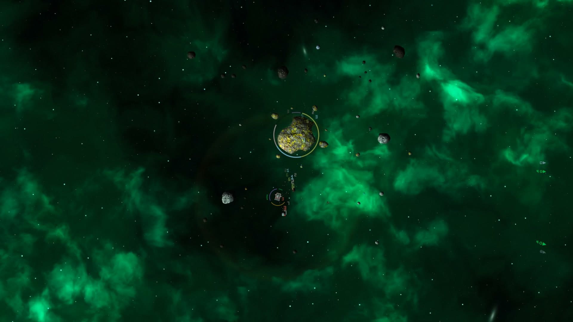 A giant asteroid with smaller asteroids breaking off it while a Hopper mines it
