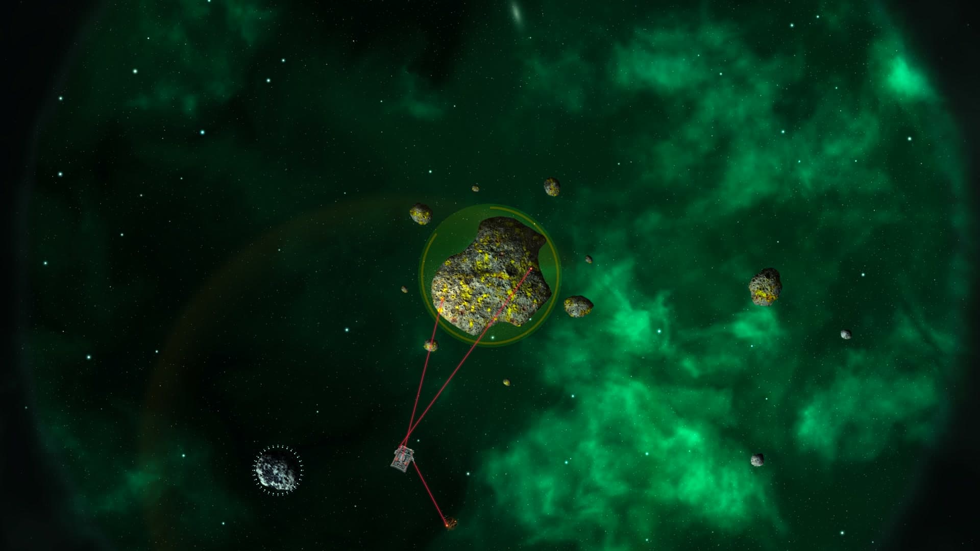 A giant asteroid with smaller asteroids breaking off it while a Hopper mines it