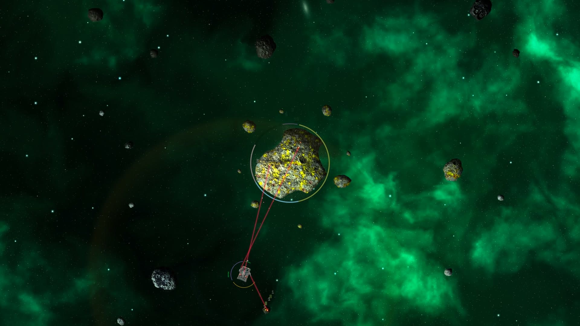 A giant asteroid with smaller asteroids breaking off it while a Hopper mines it