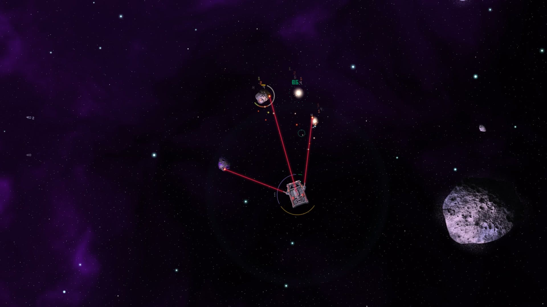 A Hopper with three lasers out, each one on its own asteroid
