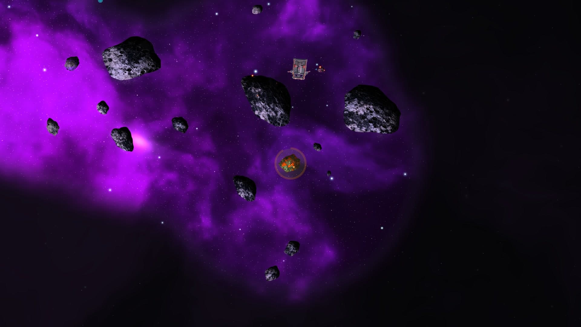 A Hopper with three lasers out, each one on its own asteroid