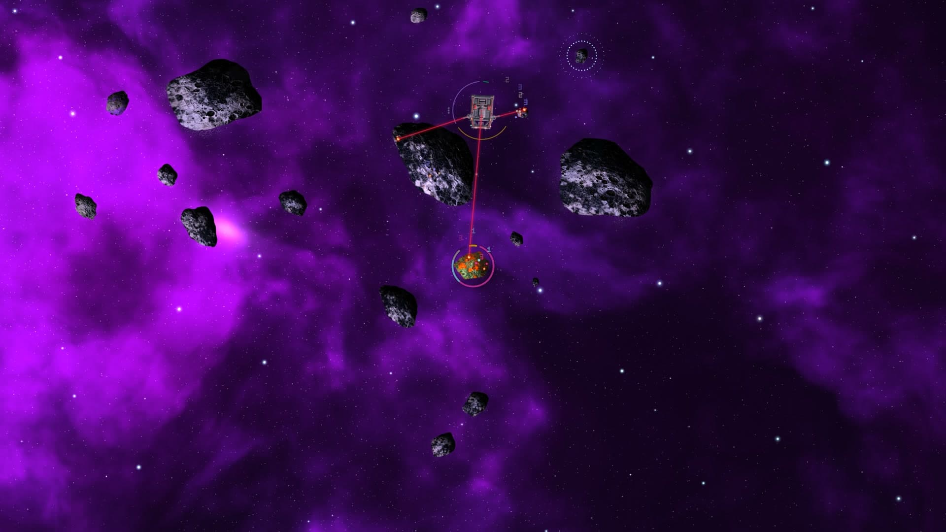 A Hopper with three lasers out, each one on its own asteroid