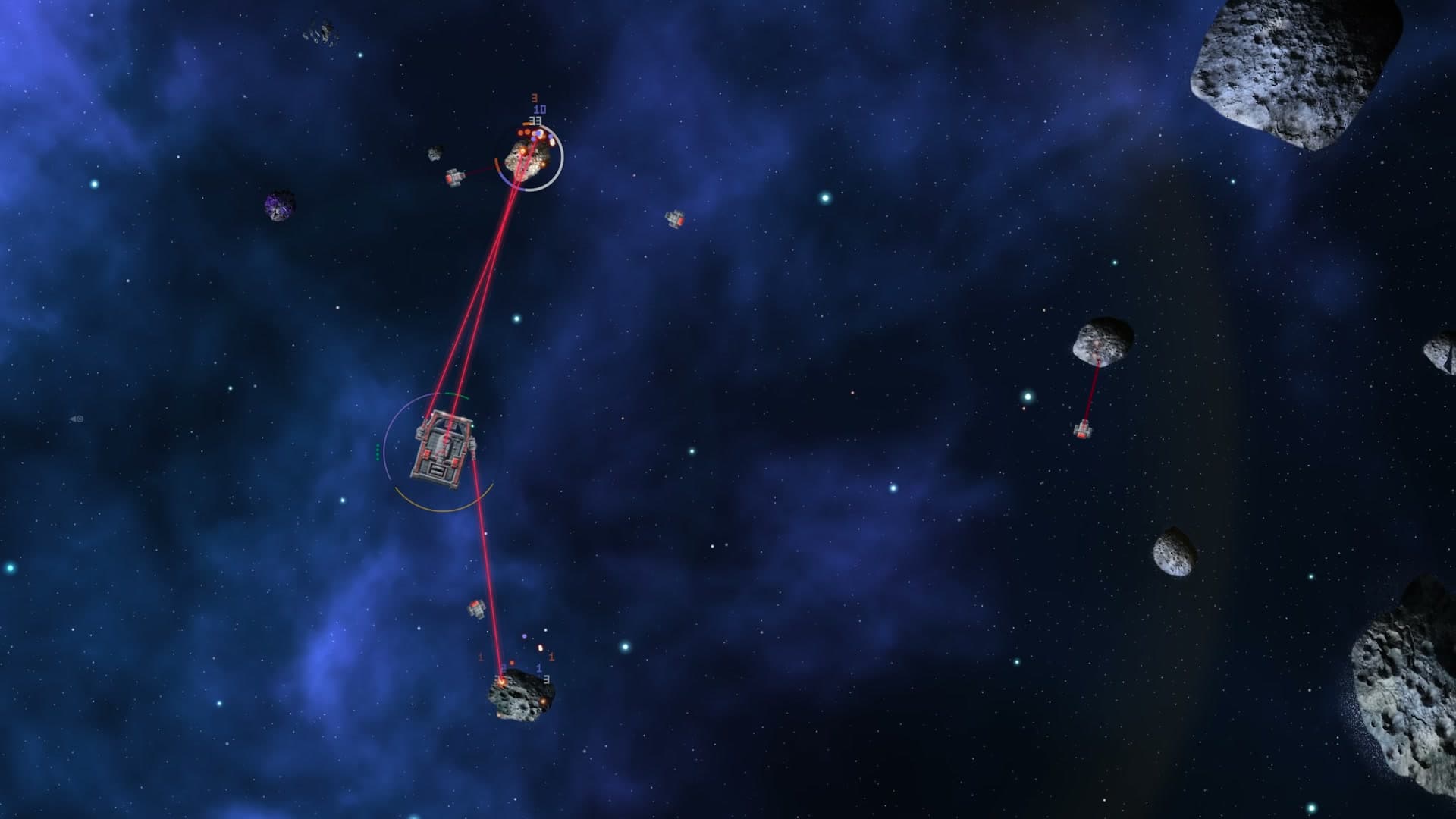 A Hopper and its drones clearing a field of small asteroids, two of them bursting