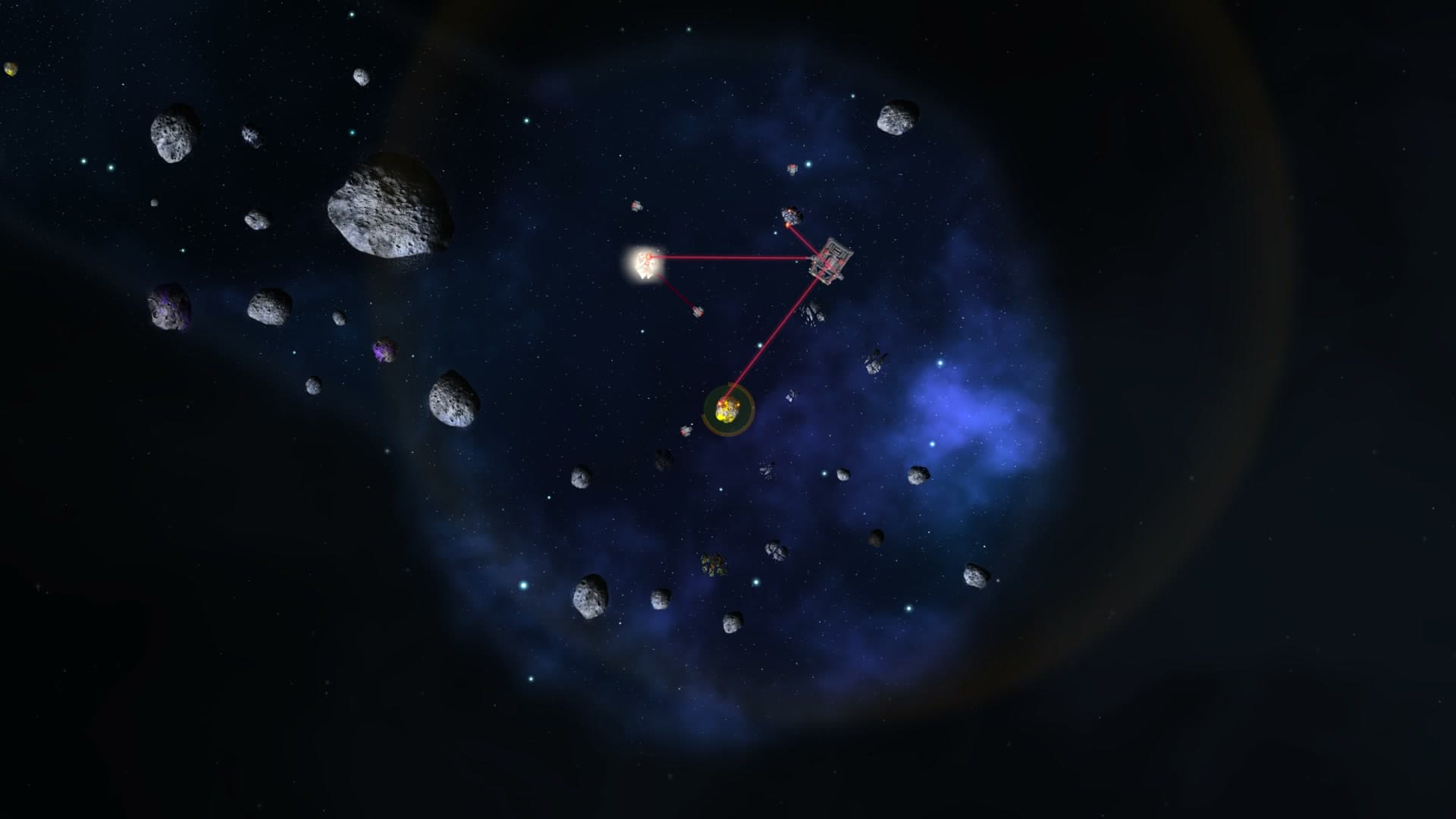 A Hopper and its drones clearing a field of small asteroids, two of them bursting