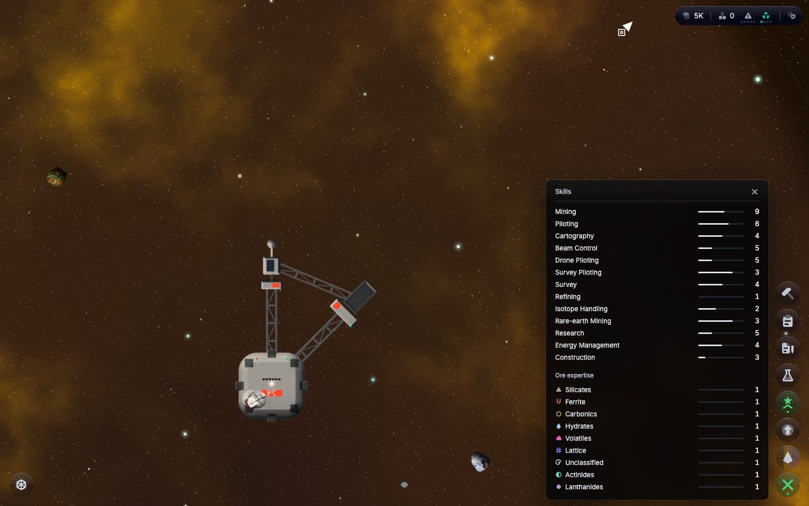 The Skills pane: the pilot's skills, each with its level and progress