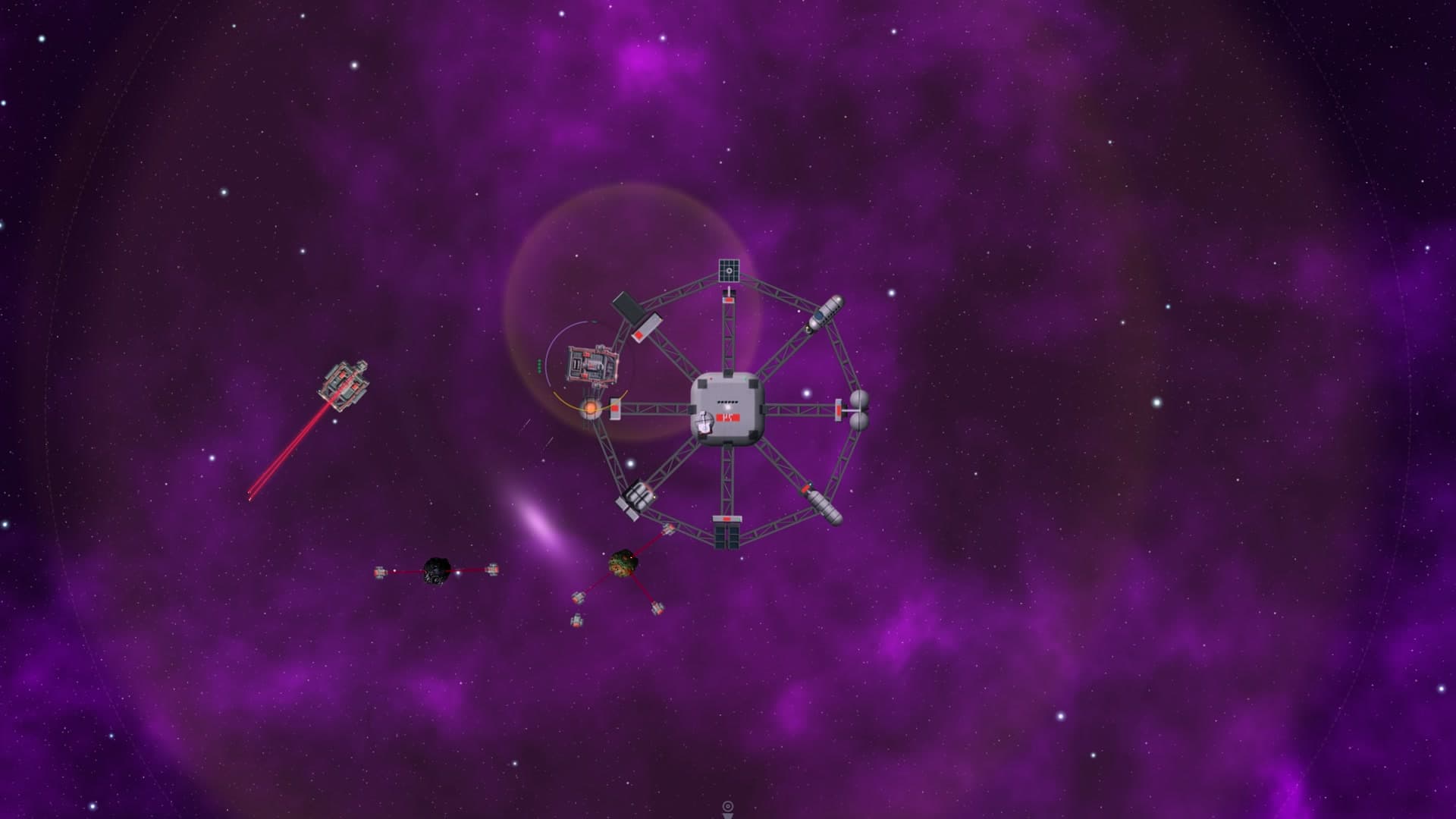 A station of nine modules on its arms round the core, the ship coming in to dock