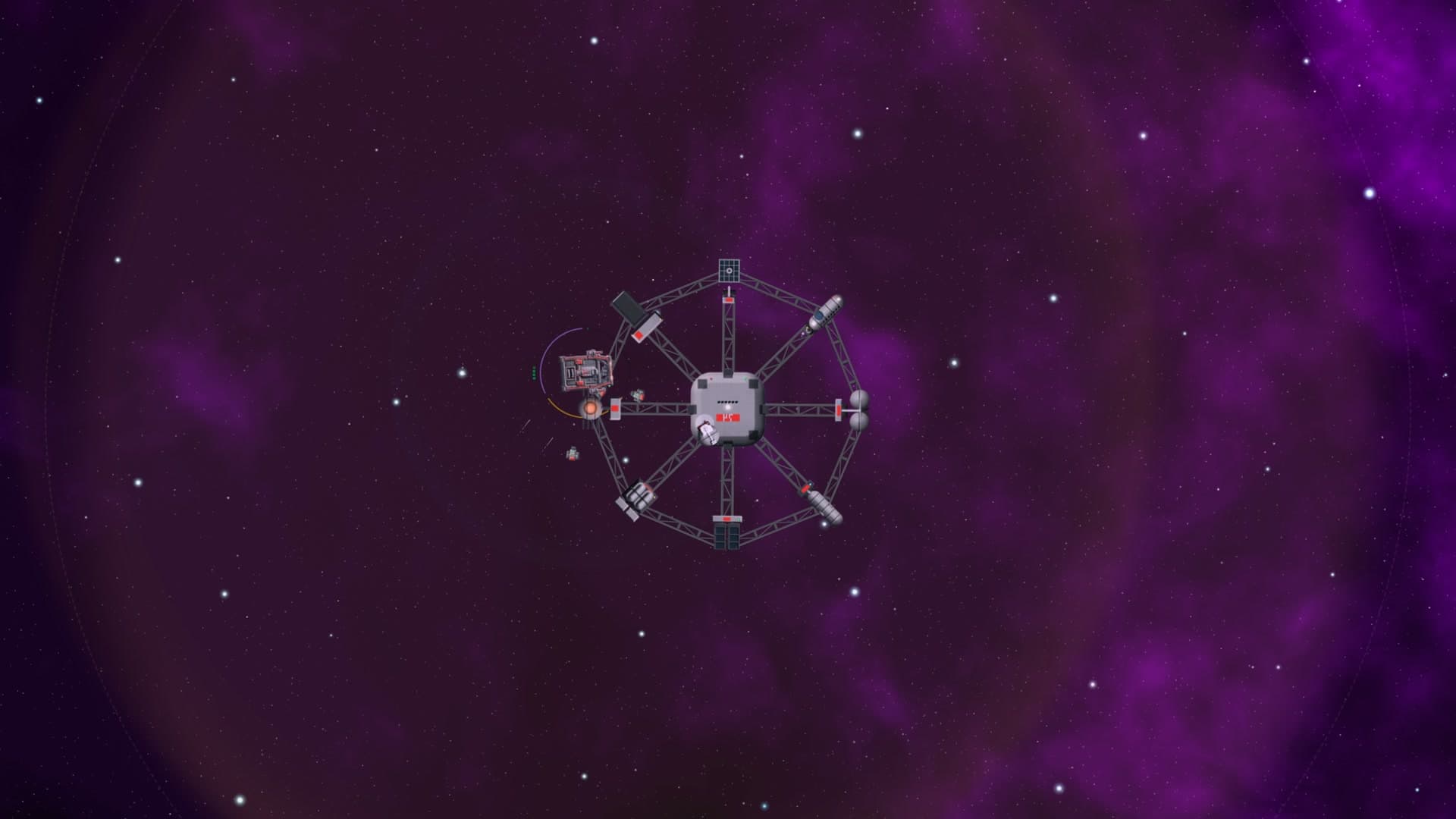 A station of nine modules on its arms round the core, the ship coming in to dock