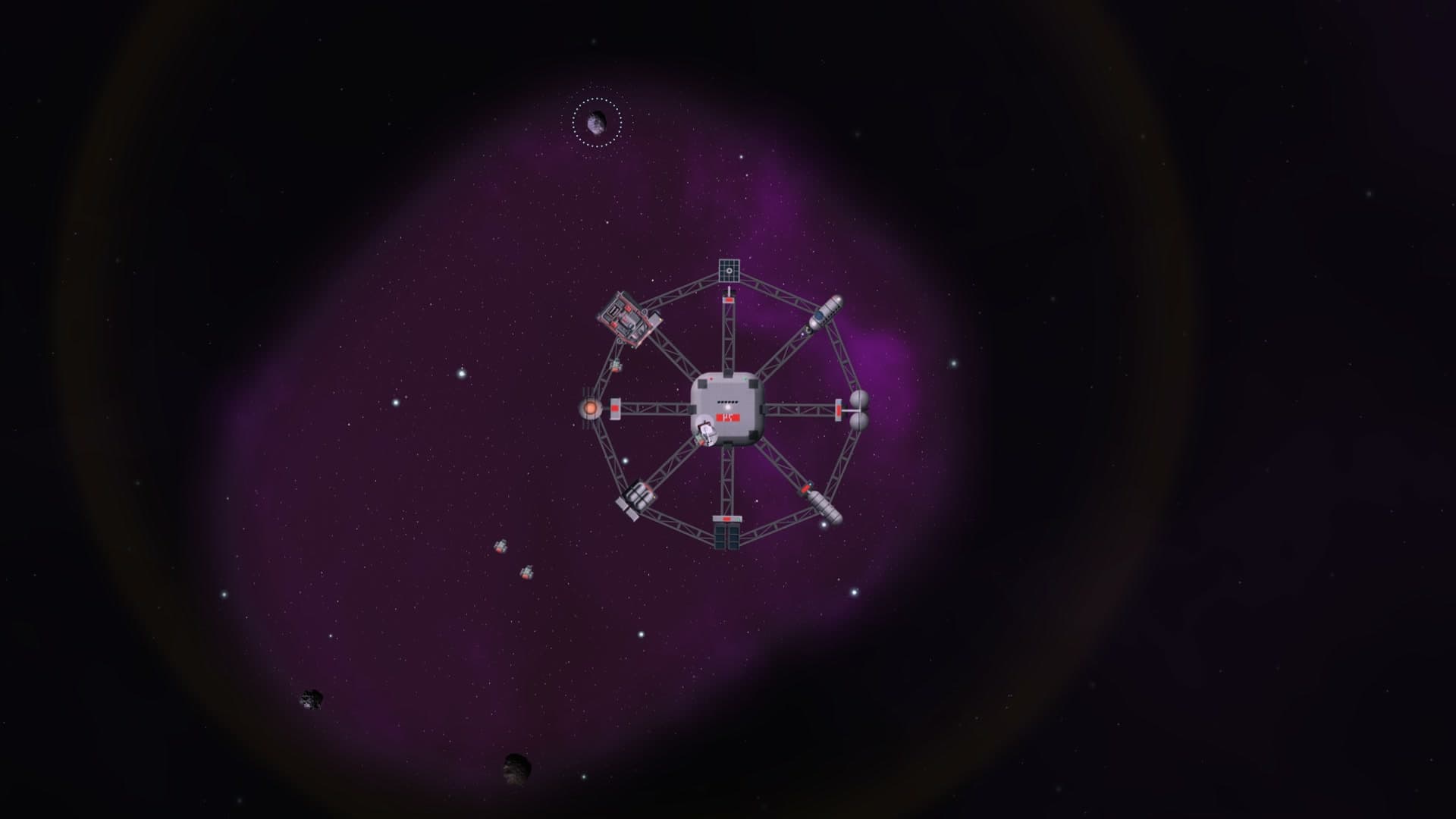 A station of nine modules on its arms round the core, the ship coming in to dock